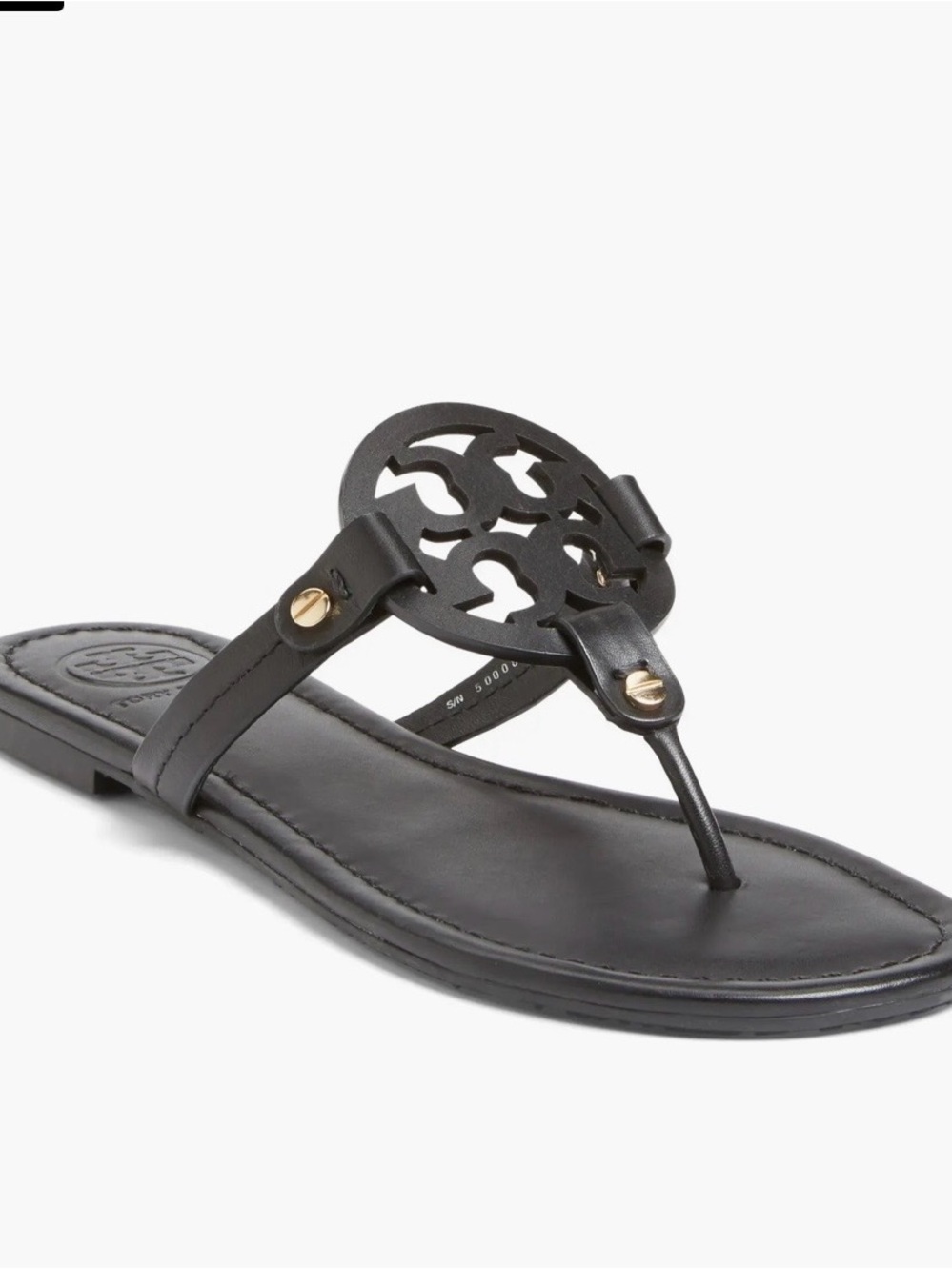 Tory Burch Black Leather Logo Thong Sandal with Gold Accents